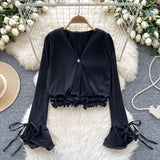 Long-Sleeved Shirt Women Spring And Autumn New Three-Dimensional Lotus Edge V Collar Folded Horns Short Top Lady