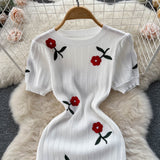 Summer Dress High-End Temperament Embroidered Rose Knitted Dress Women's Short Sleeve New Chinese Bag Long Skirt