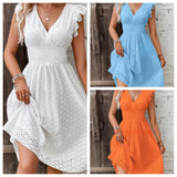 Summer New Lotus Leaf Sleeve Elegant Thin V-Neck Women's Fashion Fashion Hollow Dress Dress Women