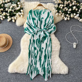 Small High-End Dress Women Design Feel Strapped Waist Bat Sleeve Pressure Fold Printing Irregular Dress Dress