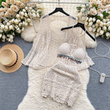 Seaside Wearing A Holiday Style Suit Female Retro Hook Hanging Neck Vest + Hollow Open Shirt + Half-Dress Three-Piece Set