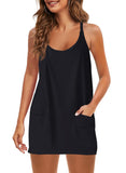 2025 Summer Solid Sleeveless Dress Fine Shoulder Strap Vest Skirt Sports Skirt Pocket