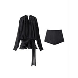 Pressed Folding Ribbon Design Loose Waist Mini Dress Shorts Set 2025 Spring And Summer Street Fashion Woman
