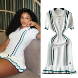 Little Scented Knitted Dress Woman's New French Retro Collar Bump Color Waist Thin Leaf Side Sweater Skirt