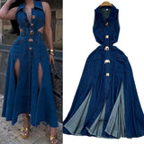 Vintage Collar Claved Open Waist Thin Sleeveless Single Buckle A Word Open Fork Denim Dress Casual Dress