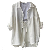 2025 Women's Wrinkle Collar Long-Sleeved Shirt High-Waisted Rope Shorts Fashion Casual Two-Piece Set