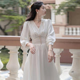 Vintage Fairy Morning Dress 2025 New Banquet Engagement French Long Sleeve Certificate Engagement White Dress
