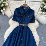 Korean Version Of Fashion Casual Denim Dress Women Retro Collar Short Sleeve Single Buckle Waist Swing Shirt Long Skirt