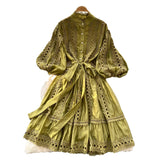 2025 Spring And Summer New Lantern Sleeve Retro Hollow Lace Splicing Single Buckle Loose Lace Dress Dress Woman
