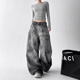 Fat Mm Sweet And Cool Truss Retro Broad-Legged Jeans Women's Large-Size Heavy Industry To Make Old Loose Thin Straight Trousers