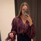 Is Women's V-Neck Folding Trim Shirt Long-Sleeved Top Loose Woman