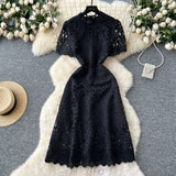 High-End Squeer Hook Lace Dress Female French Waist Thin Temperament Short-Sleeved Long Dress 2025 Summer