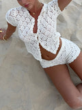 2025 Spring And Summer New Women's Shawl Short Hollow Knitted V-Necked Shirt Shorts Lace