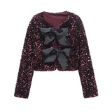 Women's 2025 Spring 2025 New V-Neck Bow Ornament Party Lien Slide Short Jacket Jacket
