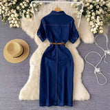 Light Luxury Famous Feudal High-Level Feeling Polo Collar Denim Dress Women Summer Fork Belt Design Niche Temperament Dress