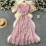 Design-Sense Piece Of V-Neck Tie With Short Sleeves Of Broken Flower Dress Women's Summer Thin Temperament French Dress