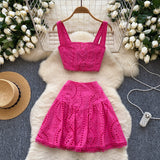 Spice Girls Hollow Embroidery Suit Female Sling With Short Waist Vest + High-Waist A-Word Skirt Sexy Two