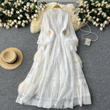French Retro V-Neck Lace To Receive Waist Long Sleeve Dress Female Thin High Sense Elegant Long Dress