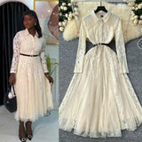 French Retro Elegant Dress Women Winter High Hook Lace Splicing Mesh Yarn Irregular Knee Dress