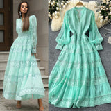 French Retro V-Neck Lace To Receive Waist Long Sleeve Dress Female Thin High Sense Elegant Long Dress