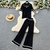 Korean Version Of Retro Fashion Collar Collar Short-Sleeved Knitting Top + High-Waisted Casual Broad-Legged Trousers 2025 Summer Set