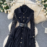 French Wear Women's Dress 2025 New Retro Elegant Single-Drace Buckle Waist-Repair Temperament Lace Dress
