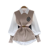 College Style High-Level Sense Of Light Luxury Lady Suit Autumn And Winter Solid Color Loose Long-Sleeved Shirt + Knitted Vest