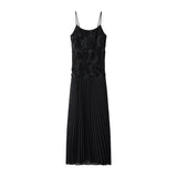 Famous Party Small Dress 2025 Autumn New Sling Embroidered Flowers 100 Folds Under The Pendulum Pure Color Dress