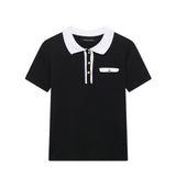 Collage-Coled POLO Collar Jersey 2025 Spring Temperament Short-Sleeved Elastic Short Knitted Top Woman