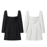 Women's Clothing 2025 Winter New Square Neck Nail Beads To Collect Short A-Shaped Dress