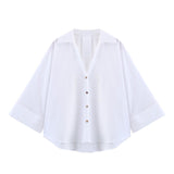 2025 Spring And Summer New Women's Fashion Casual Collar Striped Wide-Sleeved Shirt