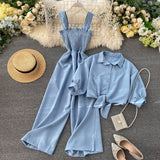 Holiday Wind Two Sets Of 2025 New Sling Folded Wide Leg Jumpsuit + Straight Short Sleeve Open-Sleeved Shirt Shirt Female Trend