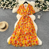 2025 Summer Dress New Female High-End Feel Strapped Belt V Collar Horn Sleeves Thin Temperament Print Chiffon Dress