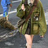 2025 Out Of The Street Vintage Child's Tung-Smair Embroidered Denim Jacket Spring And Autumn In Green Vintage Denim Suit