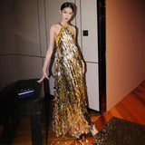 Golden New Chinese Dress Light Luxury Niche 2025 New Famous Wind Hanging Neck Heavy Industry Slew Sexy Bare Back Dress