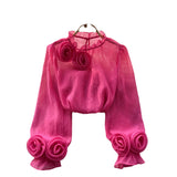 French Shirt Female Design Sense Small Three-Dimensional Flower Bubble Sleeves To Reduce The Age Of Pure Color Chiffon Shirt Women's Long-Sleeved Top