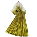 Folded Suit Female Strap To Waist Gradient Color Pressure Folding Shirt High Waist 100 Folded Skirt Two Sets