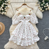 2025 Spring And Summer Sweet Shoulder Slings Bubble Short Sleeve Cherry Print Waist Dress Women's Wooden Ear Short Skirt