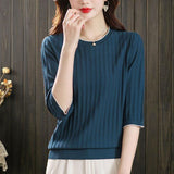 V-Neck Seven-Sleeved T-Shirt Women's Mid-Sleeve Top Ice Knitted Shirt Thin Mother Spring T-Shirt Elegant