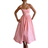 Women's New 2025 Spring Dress Solid Color Sexy U-Neck Waist Folding Sling Dress