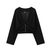 Folded Decorative Short Top 2025 Spring Women's Long-Sleeved V-Neck Buckle Short Shirt