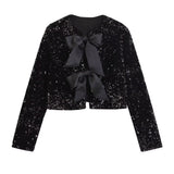 Women's 2025 Spring 2025 New V-Neck Bow Ornament Party Lien Slide Short Jacket Jacket