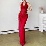 2025 Spring And Summer New Women's Temperament Retro Fake Two Hanging Neck V-Neck Empty Net Yarn Dress Woman