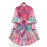 2025 Spring Dress Women's New Dress Elegant Collar Lantern Sleeves To Close The Waist Print Lotus Leaf Side Skirt