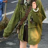 2025 Out Of The Street Vintage Child's Tung-Smair Embroidered Denim Jacket Spring And Autumn In Green Vintage Denim Suit