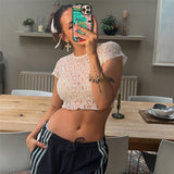 2025 Summer Fashion Trend Women's New Round Neck Short Sleeve Mesh Net Open Umbilical Repair T-Shirt