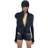 Women's Clothing 2025 Autumn And Winter New Solid Color Sexy Personality Deep V Hair Collar Splicing Long-Sleeved Top