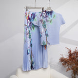 Miyaji Fashion Set Women's Summer French High-Grade Folding Print Short-Sleeved Top + Loose A Word 100-Fold Long Skirt