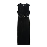 Women's Clothing 2025 New Elegant Sleeveless Buckle Embellishable Velvet Fande Dress