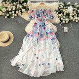 2025 New Flower Series Holiday Dress Women's Lotus Leaf Side Shoulder-Repair Long Chiffon Fairy Dress